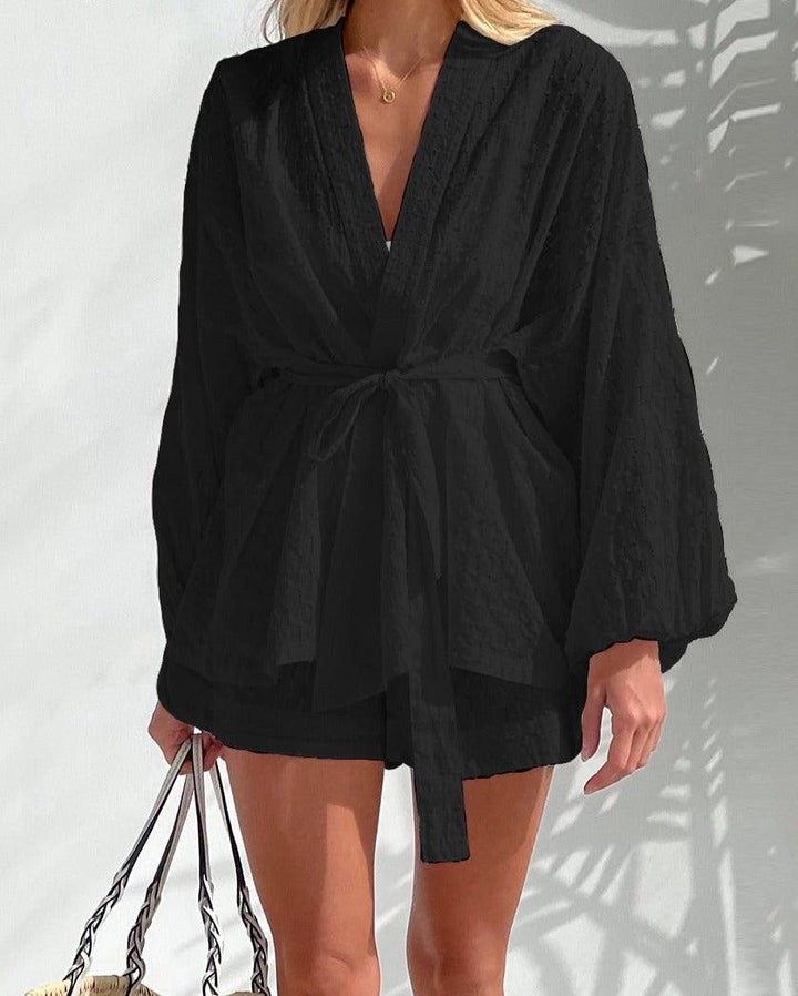 Women's Long Sleeve Kimono Top and Shorts Set