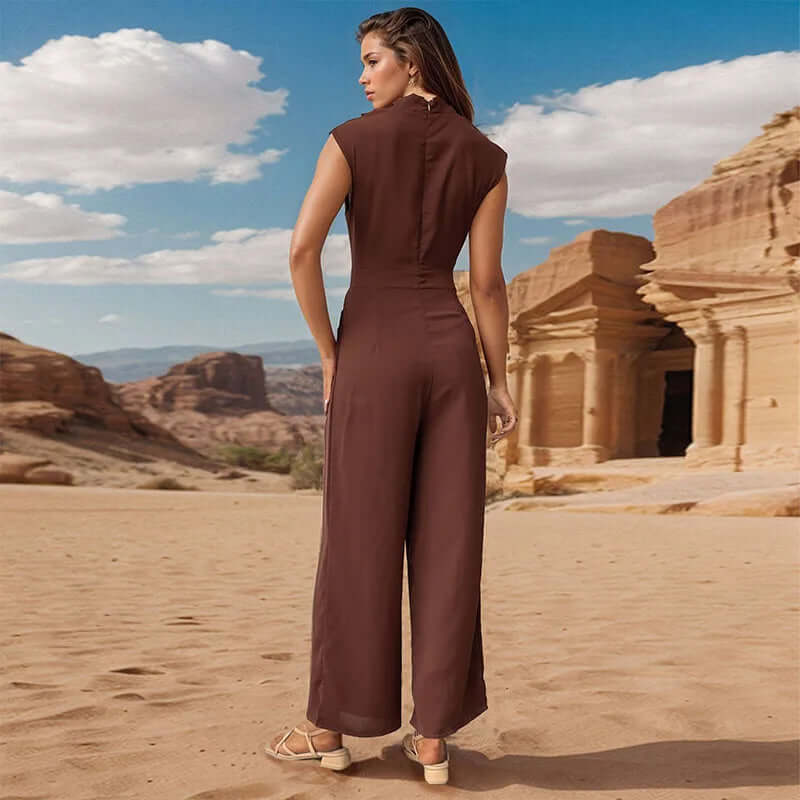 Women's Sleeveless High Collar Top and Wide-Leg Pants Set