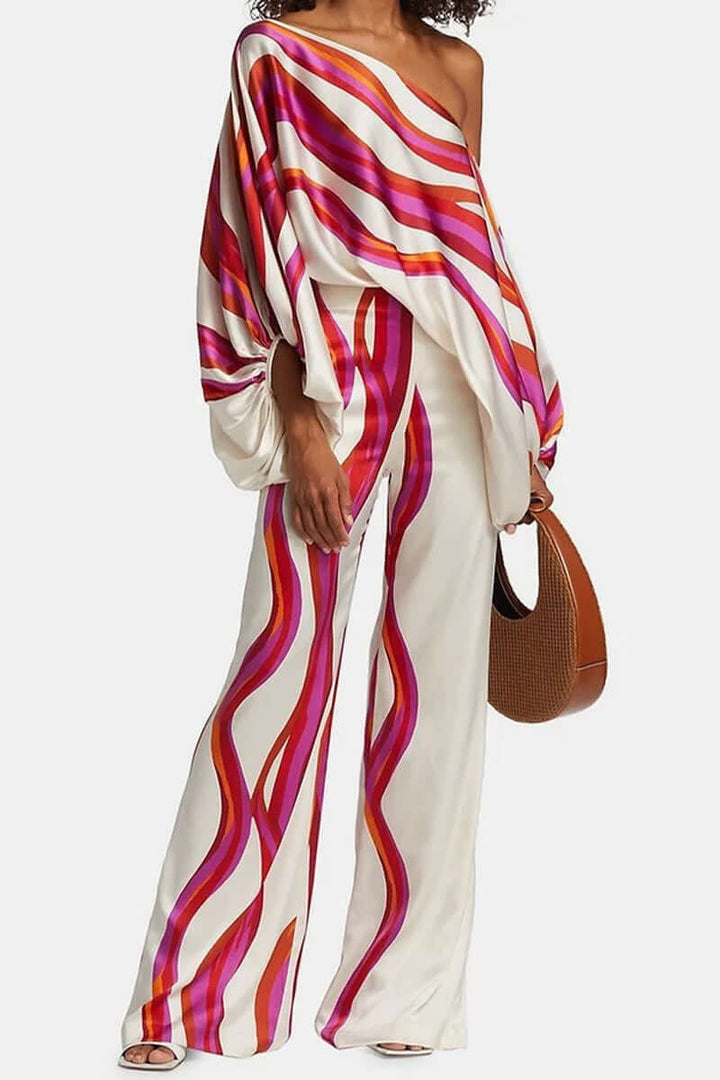 Women's Printed Off-Shoulder Long Sleeve Two-Piece Set