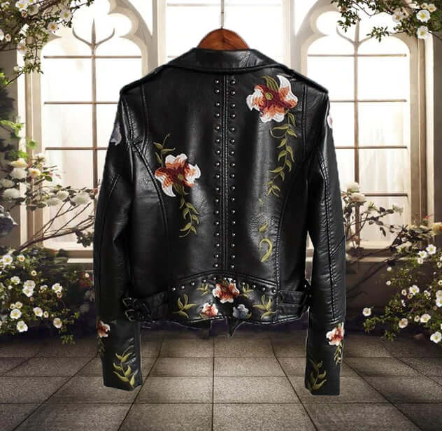 Women's Floral PU Leather Jacket
