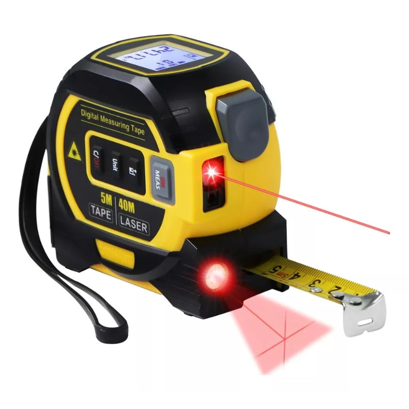 "3-in-1 Laser Distance Measuring Tape with digital display, 60m range, 5m steel tape, yellow-blue, for precise measurements"