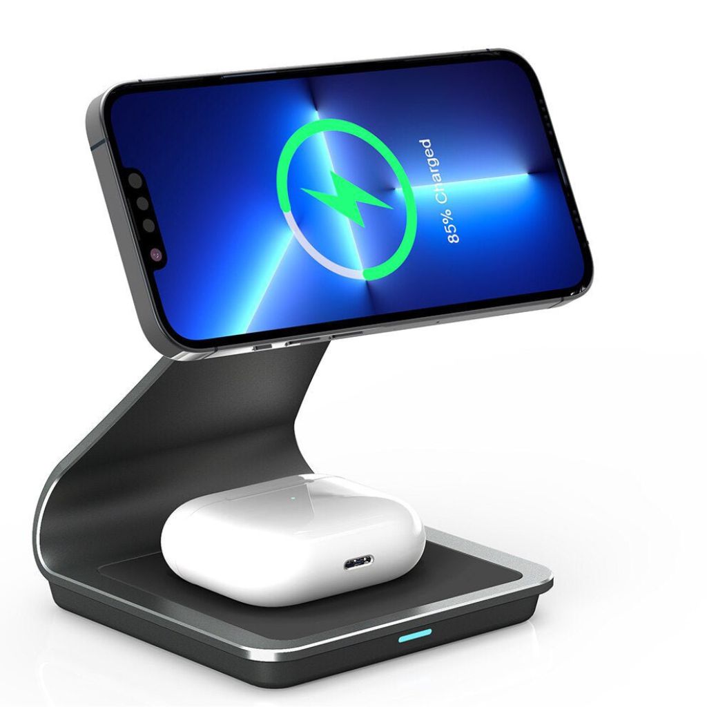 "3-in-1 magnetic wireless charger with sleek aluminum design for iPhone, Apple Watch, AirPods charging on desk, cable-free."