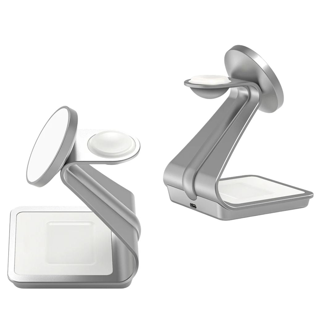 "3-in-1 magnetic wireless charger with sleek aluminum design for iPhone, Apple Watch, AirPods charging on desk, cable-free."