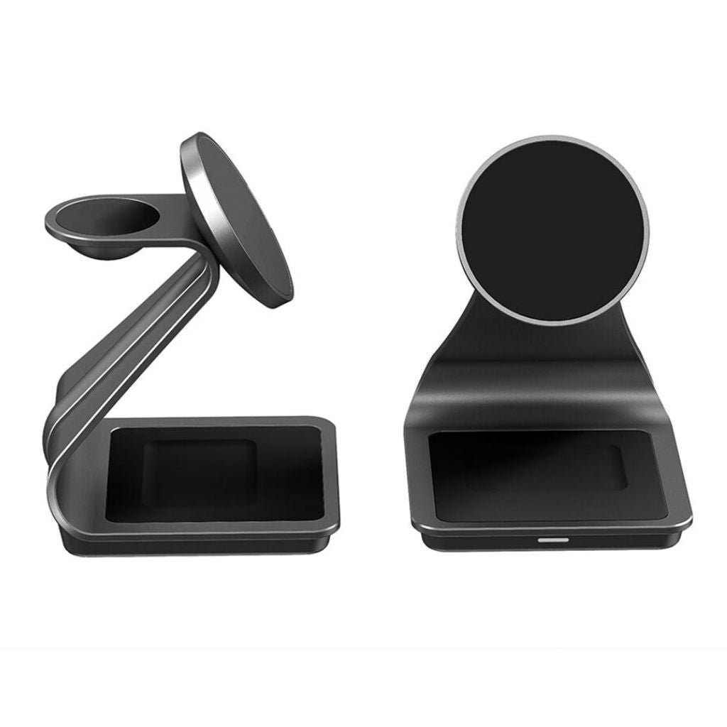 "3-in-1 magnetic wireless charger with sleek aluminum design for iPhone, Apple Watch, AirPods charging on desk, cable-free."