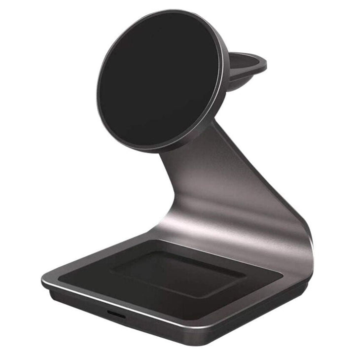 "3-in-1 magnetic wireless charger with sleek aluminum design for iPhone, Apple Watch, AirPods charging on desk, cable-free."