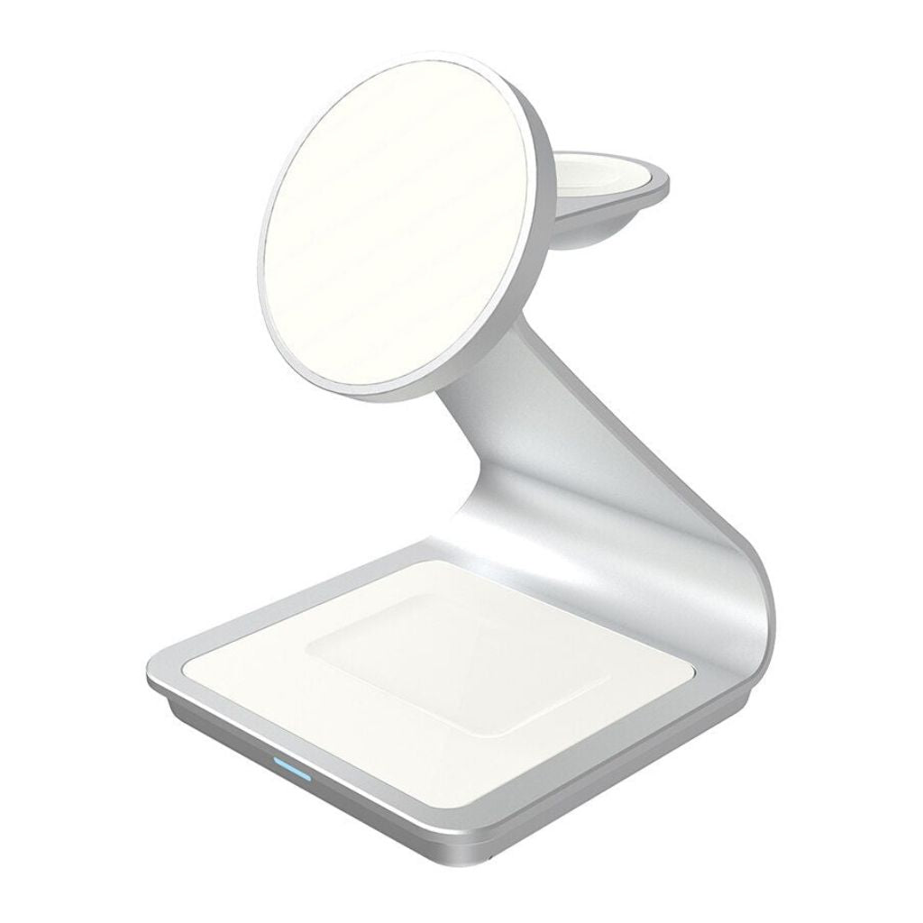 "3-in-1 magnetic wireless charger with sleek aluminum design for iPhone, Apple Watch, AirPods charging on desk, cable-free."