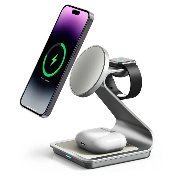 "3-in-1 magnetic wireless charger with sleek aluminum design for iPhone, Apple Watch, AirPods charging on desk, cable-free."