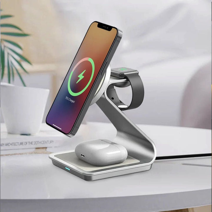 "3-in-1 magnetic wireless charger with sleek aluminum design for iPhone, Apple Watch, AirPods charging on desk, cable-free."