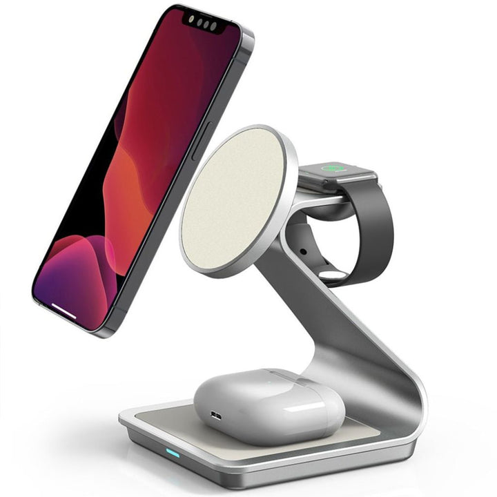 "3-in-1 magnetic wireless charger with sleek aluminum design for iPhone, Apple Watch, AirPods charging on desk, cable-free."