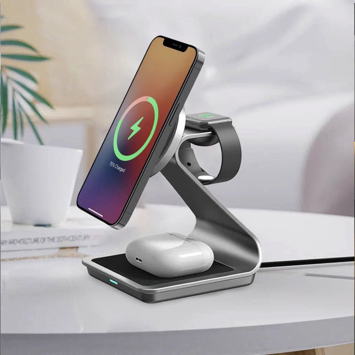 "3-in-1 magnetic wireless charger with sleek aluminum design for iPhone, Apple Watch, AirPods charging on desk, cable-free."