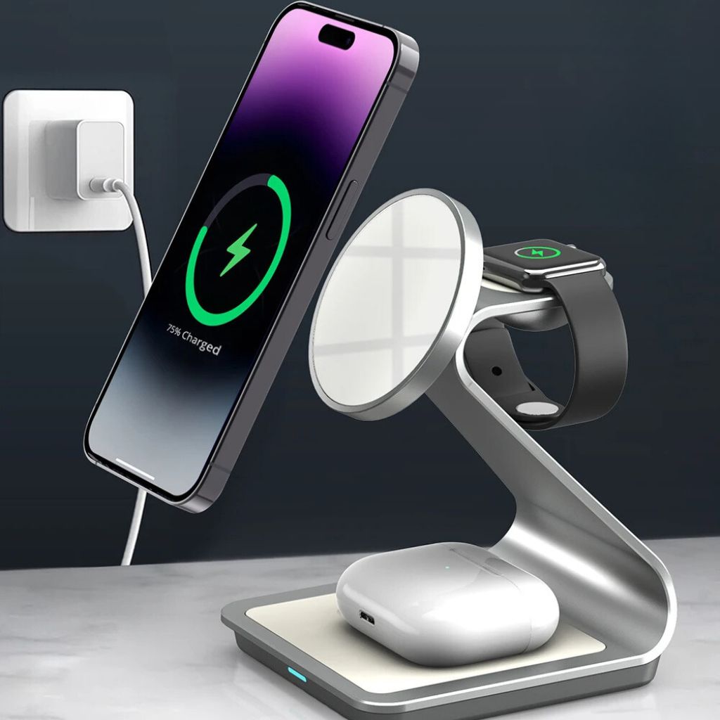 "3-in-1 magnetic wireless charger with sleek aluminum design for iPhone, Apple Watch, AirPods charging on desk, cable-free."