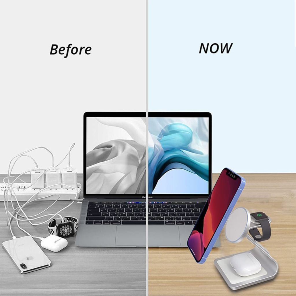 "3-in-1 magnetic wireless charger with sleek aluminum design for iPhone, Apple Watch, AirPods charging on desk, cable-free."