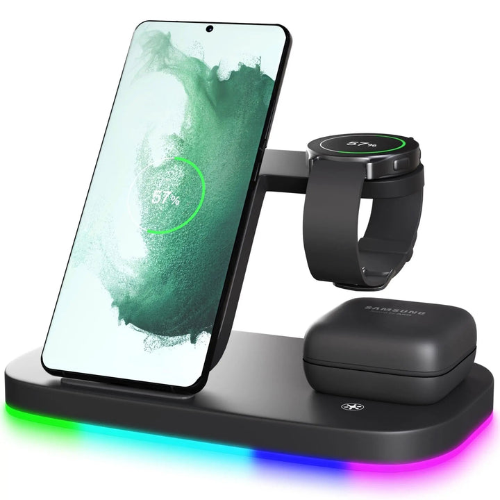 3-in-1 wireless charging station for Samsung Galaxy phone, watch, and earbuds with sleek, modern design, compact size.