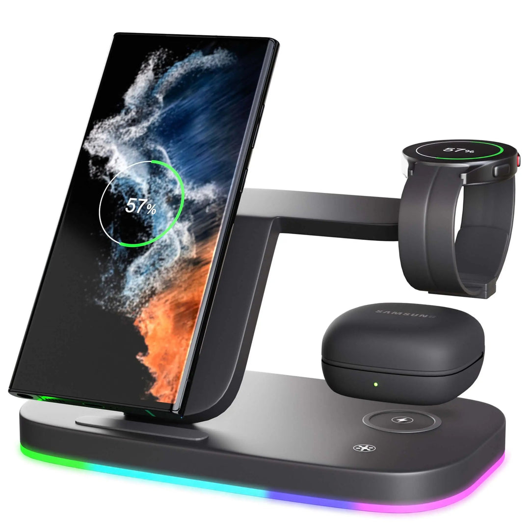 3-in-1 wireless charging station for Samsung Galaxy phone, watch, and earbuds with sleek, modern design, compact size.