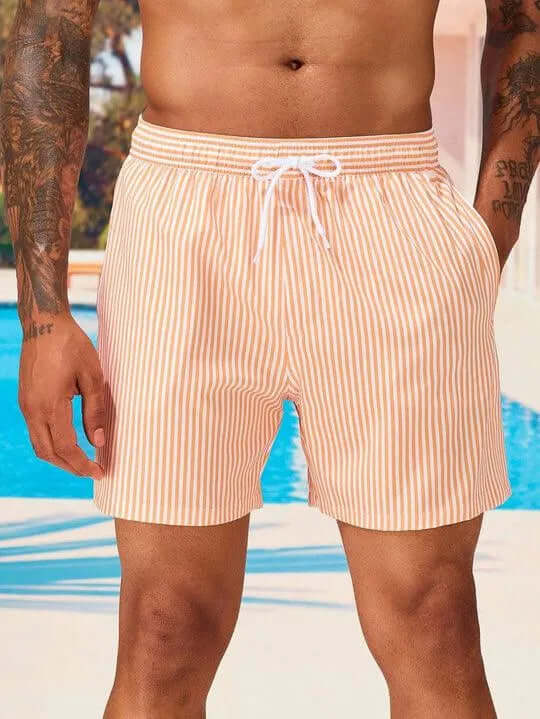 Men's Striped Quick-Dry Swim Shorts with Drawstring