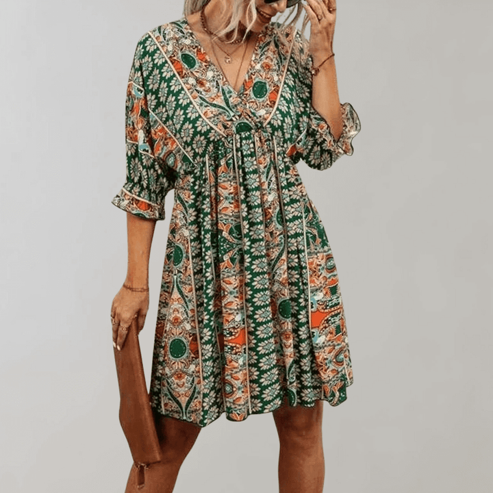 Bohemian Mini Dress with V-Neck