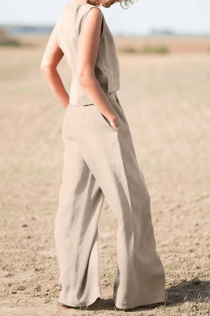 Women's Relaxed Fit Round Neck Top and Wide-Leg Pants Set