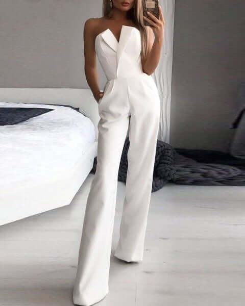 Women's Strapless Wide-Leg Jumpsuit with Pockets