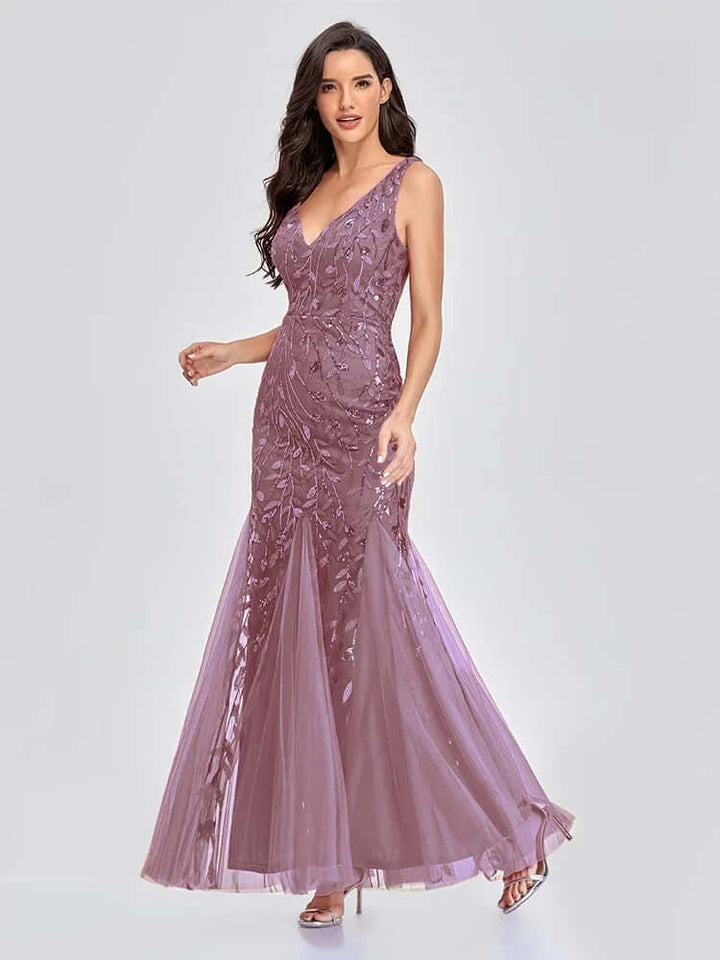 Sequin Embellished Sleeveless Maxi Evening Gown