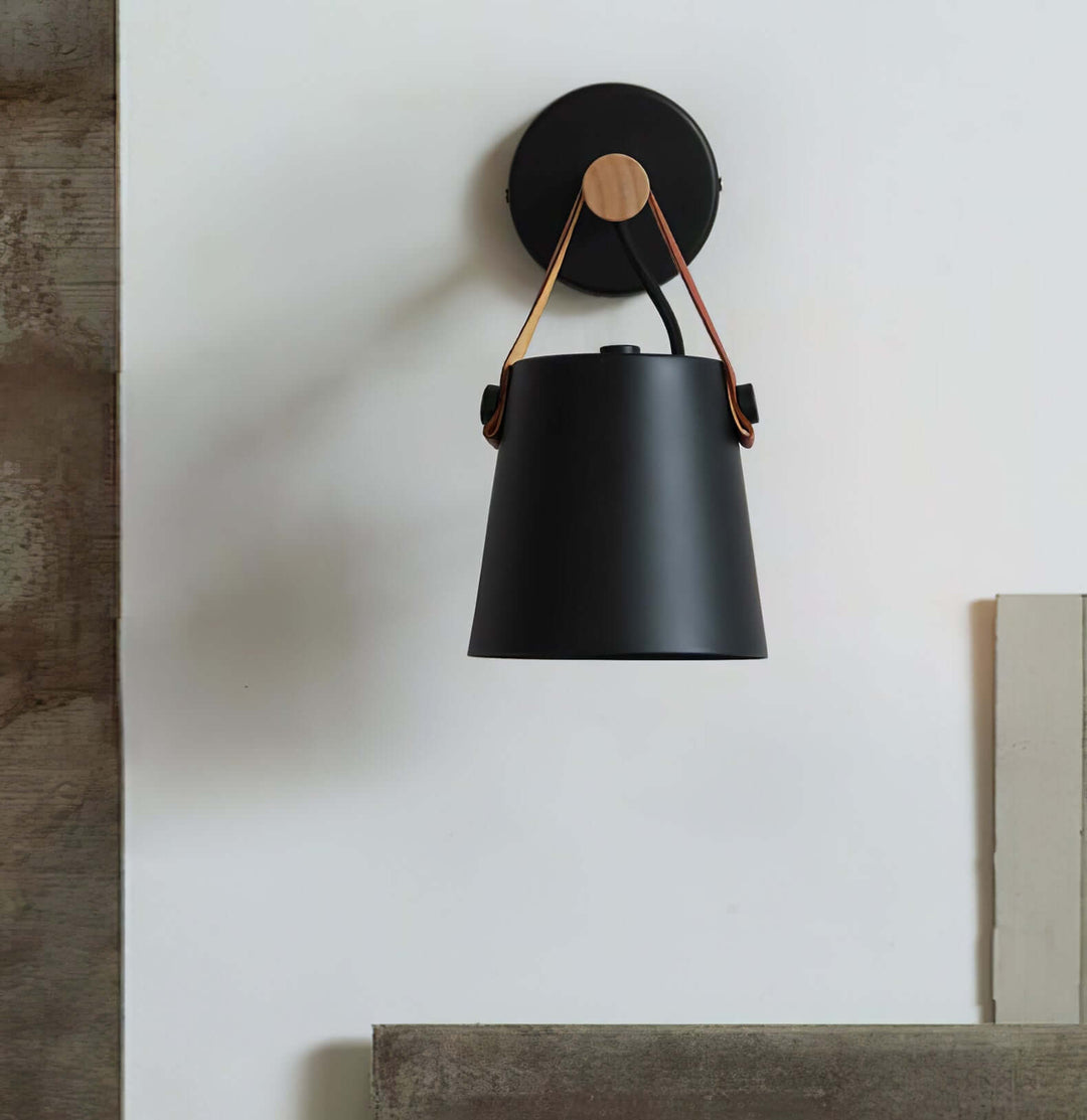 Conical Wooden Wall Light with Leather Strap