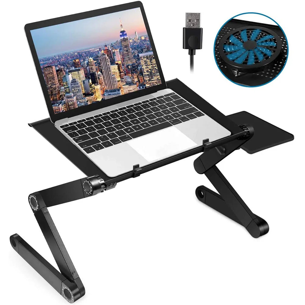 "360° adjustable ergonomic laptop stand with aluminum frame, full adjustability, ventilation, and lightweight for productivit