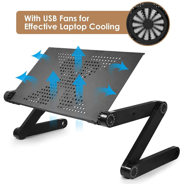 "360° adjustable ergonomic laptop stand with aluminum frame, full adjustability, ventilation, and lightweight for productivit