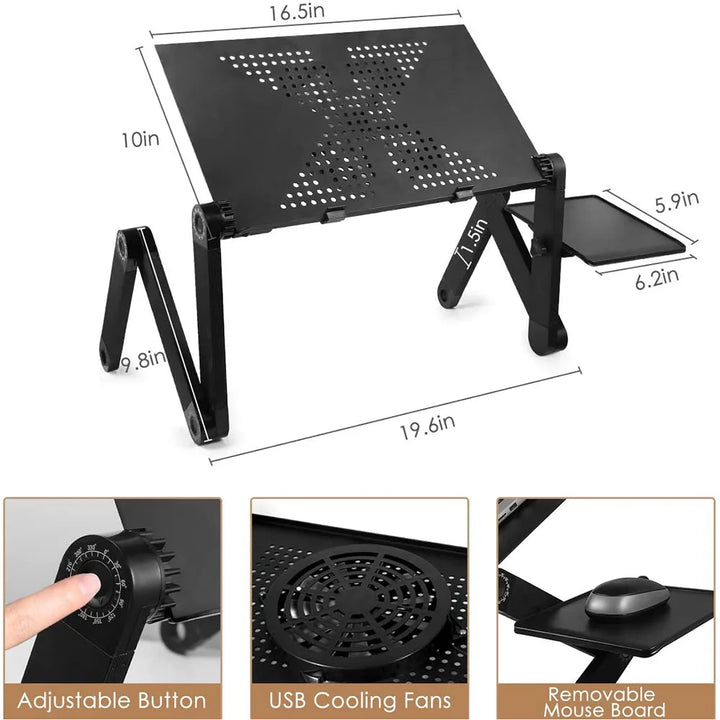 "360° adjustable ergonomic laptop stand with aluminum frame, full adjustability, ventilation, and lightweight for productivit