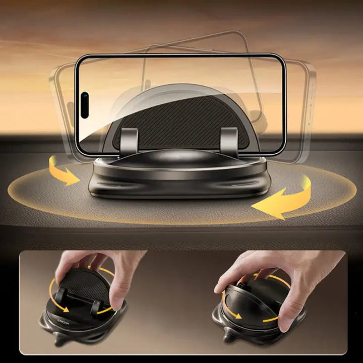 Adjustable 360° rotating car phone holder, perfect for dashboard or air vent mounting. Universal smartphone accessory.
