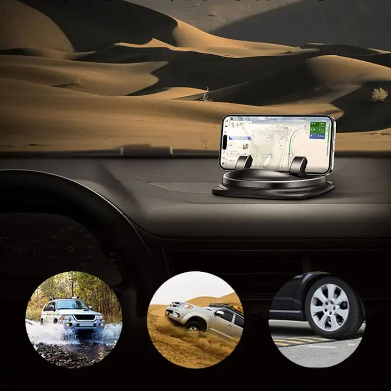 Hands-free 360° rotating car phone holder. Securely mount your smartphone on dashboard or vent for safe driving.