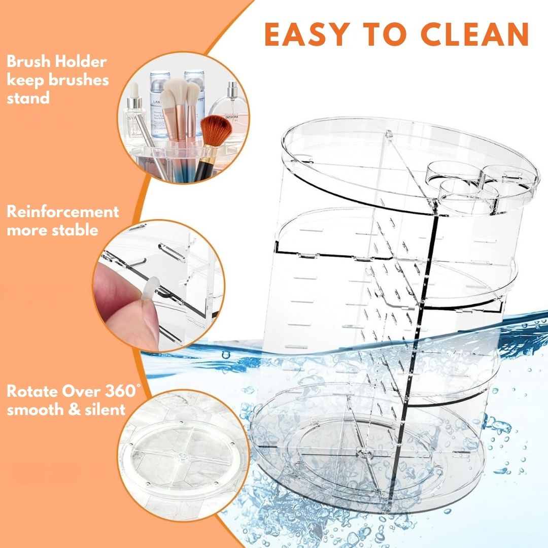 "360° Rotating Makeup Organizer with adjustable layers, sleek design, 7 lipstick slots, 7 brush holes, non-slip base."