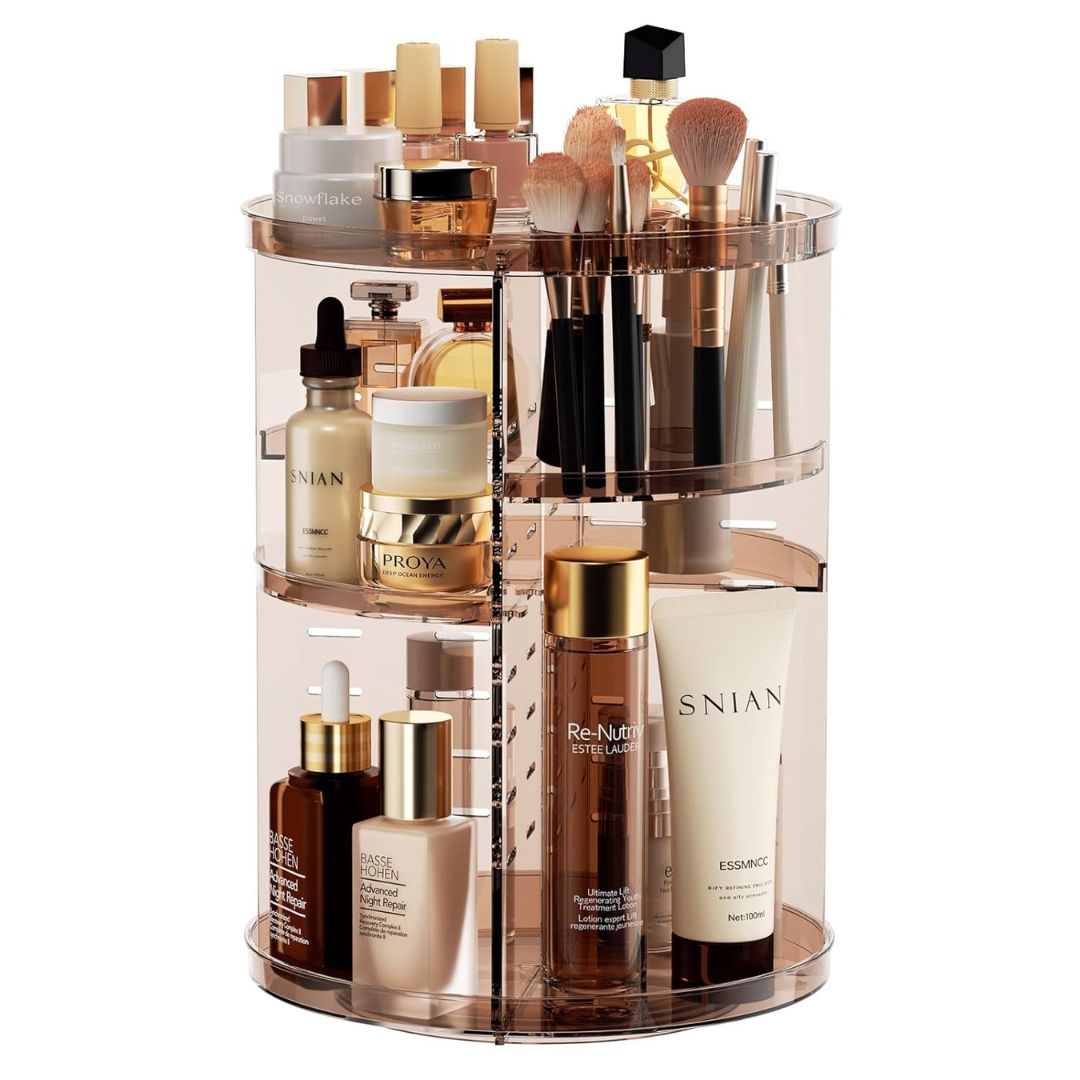 "360° Rotating Makeup Organizer with adjustable layers, sleek design, 7 lipstick slots, 7 brush holes, non-slip base."