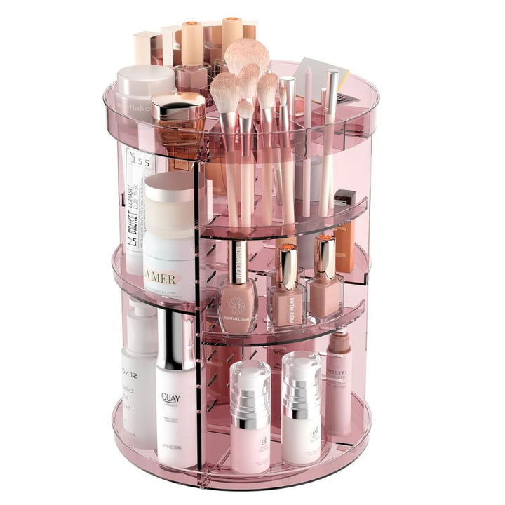 "360° Rotating Makeup Organizer with adjustable layers, sleek design, 7 lipstick slots, 7 brush holes, non-slip base."