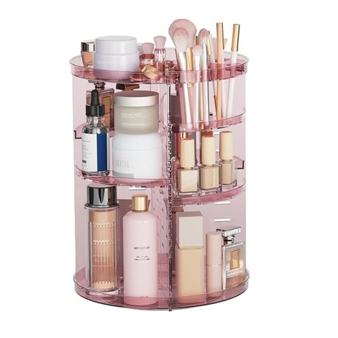"360° Rotating Makeup Organizer with adjustable layers, sleek design, 7 lipstick slots, 7 brush holes, non-slip base."