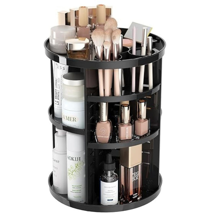 "360° Rotating Makeup Organizer with adjustable layers, sleek design, 7 lipstick slots, 7 brush holes, non-slip base."