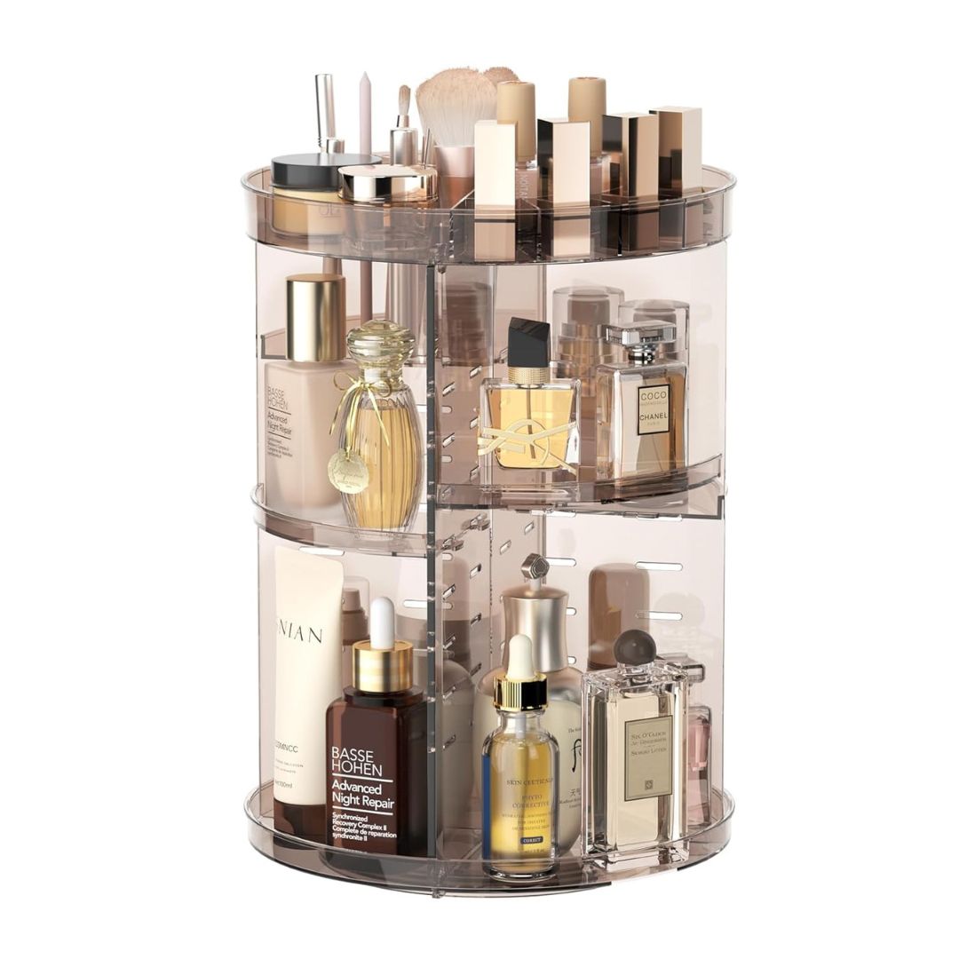 "360° Rotating Makeup Organizer with adjustable layers, sleek design, 7 lipstick slots, 7 brush holes, non-slip base."