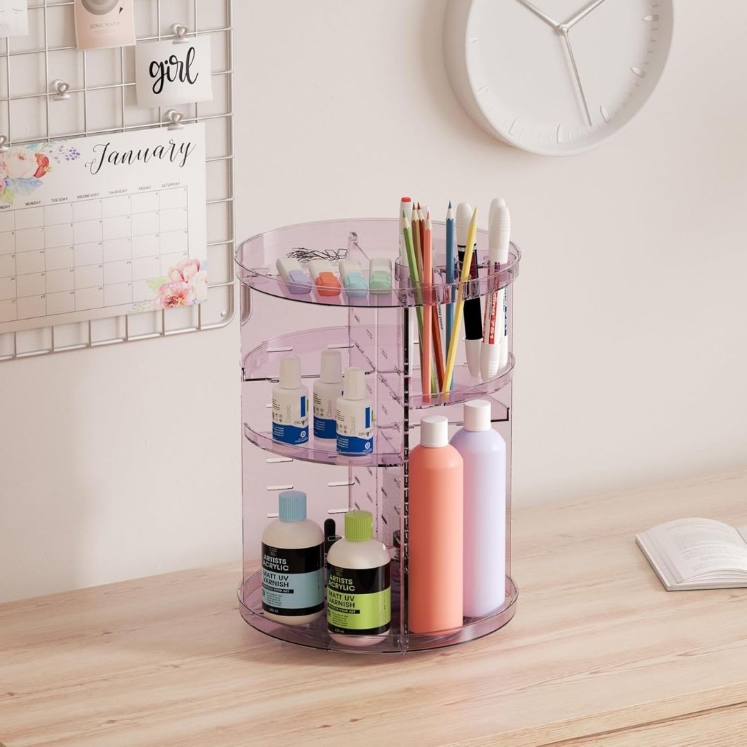 "360° Rotating Makeup Organizer with adjustable layers, sleek design, 7 lipstick slots, 7 brush holes, non-slip base."