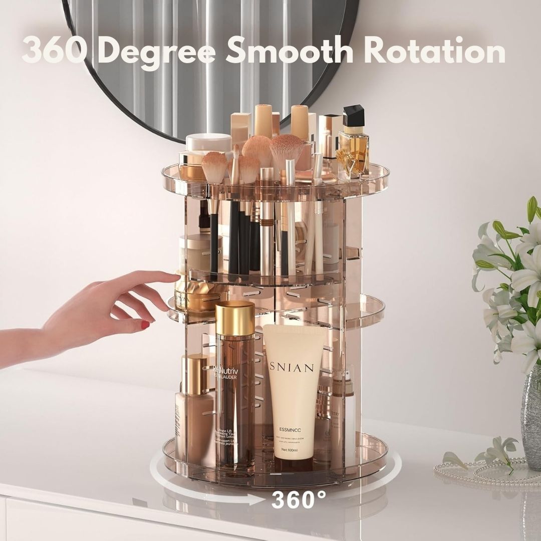 "360° Rotating Makeup Organizer with adjustable layers, sleek design, 7 lipstick slots, 7 brush holes, non-slip base."