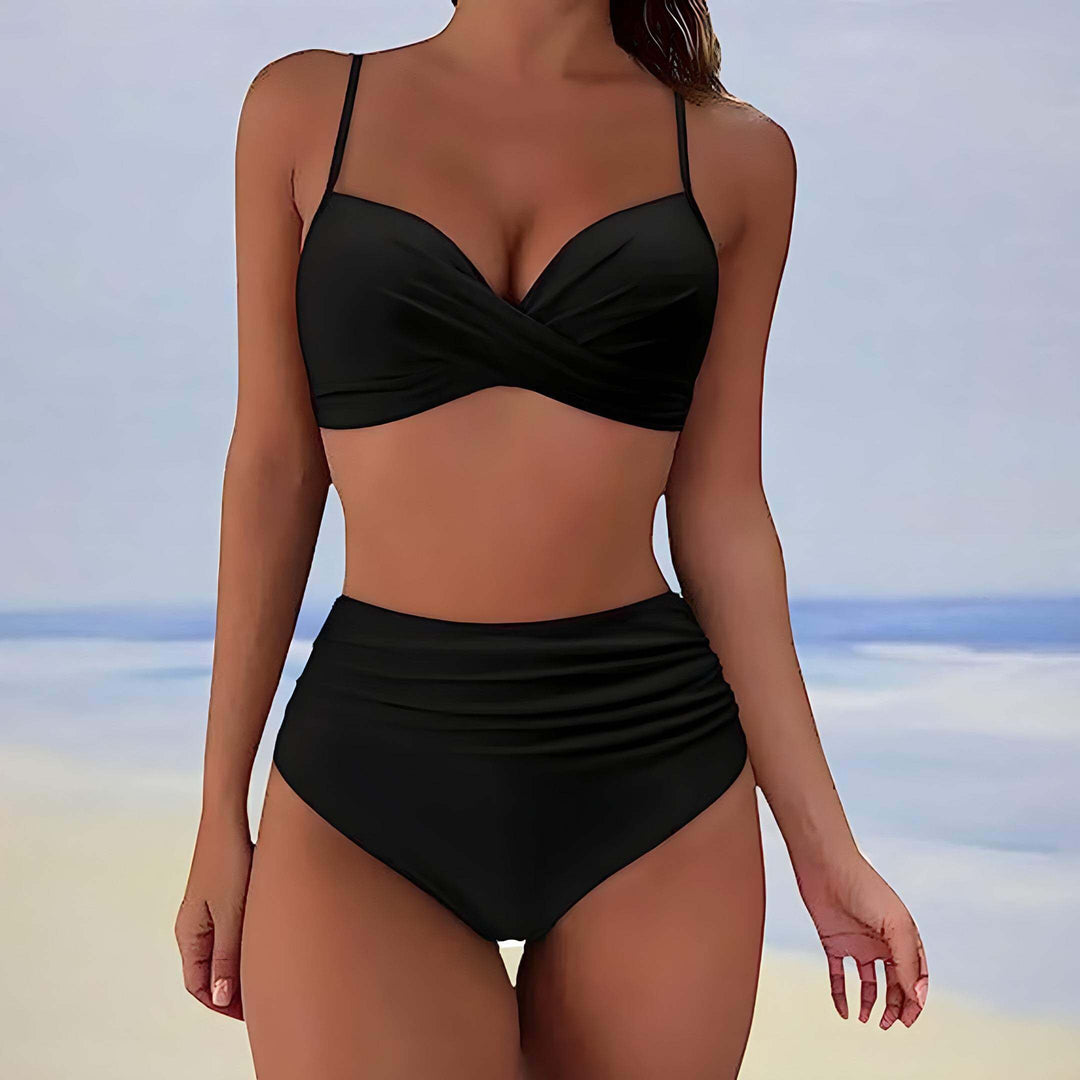 Women's Fashionable Bikini Set with Front Tie and High-Waisted Bottom