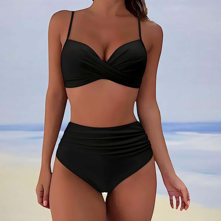 Women's Fashionable Bikini Set with Front Tie and High-Waisted Bottom