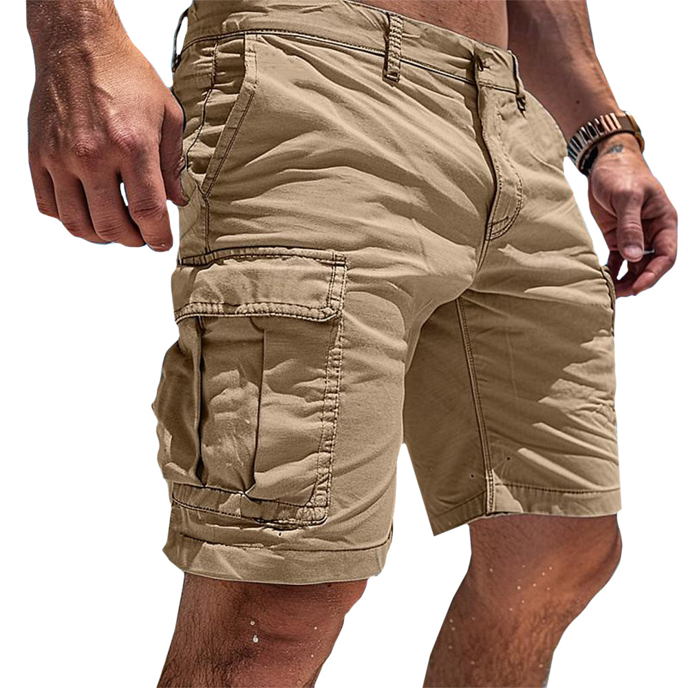 Comfortable men's grey cargo shorts, versatile for everyday use with practical utility pockets.