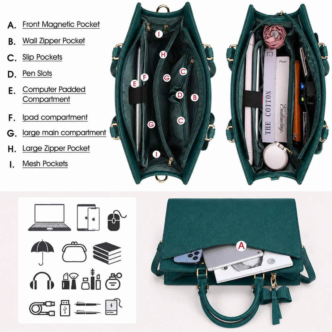 Women's Waterproof Laptop Tote Bag - Multi-Pocket Design
