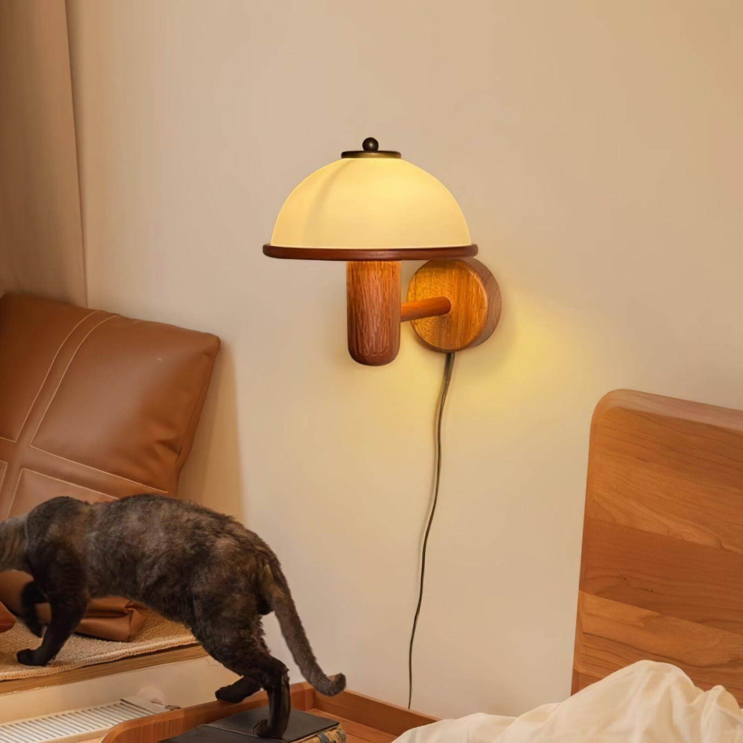 Oak Wood Mushroom Wall Light with White Shade