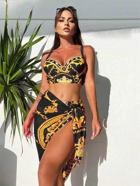 Women's High-Waisted Bohemian Bikini Set with Cover-Up