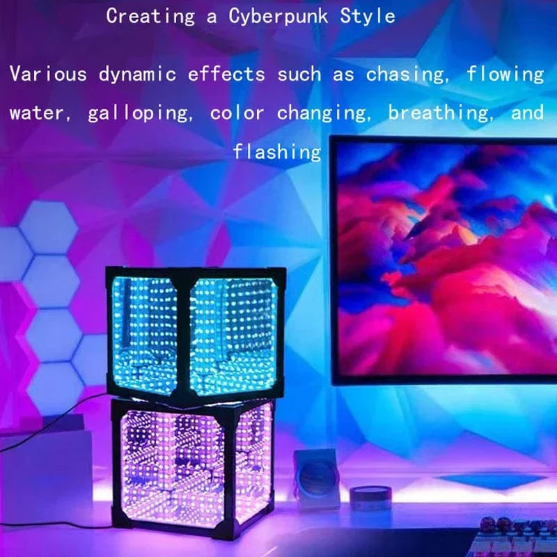 3D Cube Abyss Light with RGB LED, features a compact, vibrant infinity cube design, perfect for mood and gaming setups.