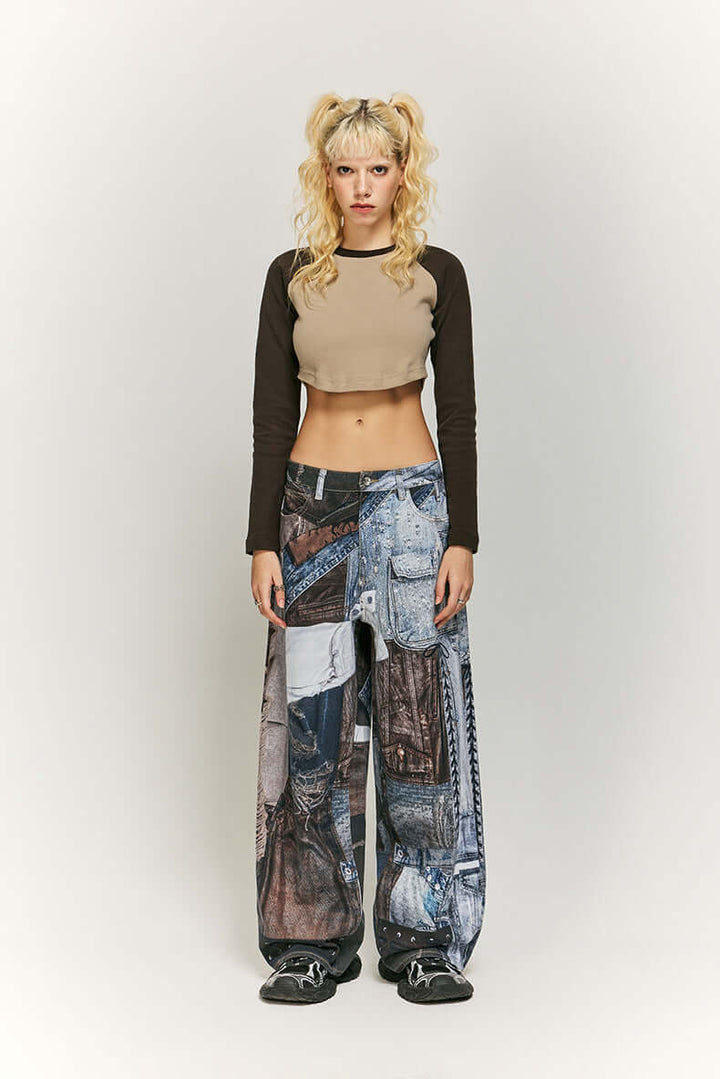 Women's Wide Leg Patchwork Print Trousers
