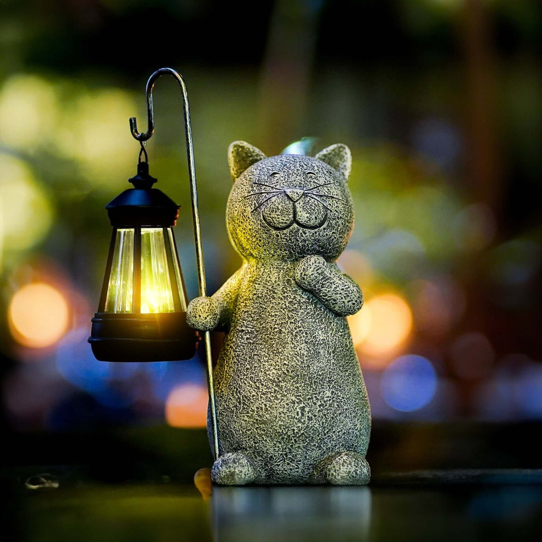 Solar Resin Cat Garden Statue with Golden Light