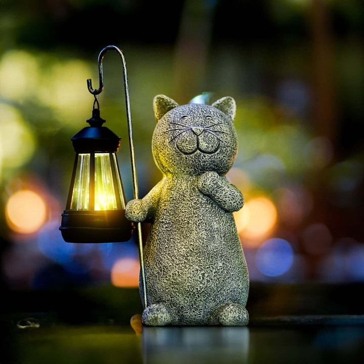 Solar Resin Cat Garden Statue with Golden Light