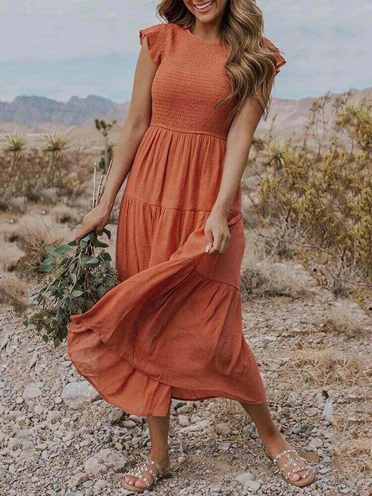 Women's Tiered Midi Dress with Flutter Sleeves