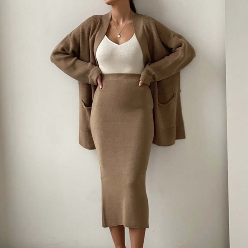 Women's Knitted Two-Piece Set with Elastic Waist Skirt