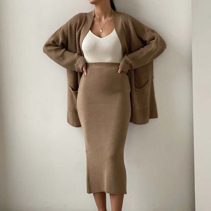 Women's Knitted Two-Piece Set with Elastic Waist Skirt